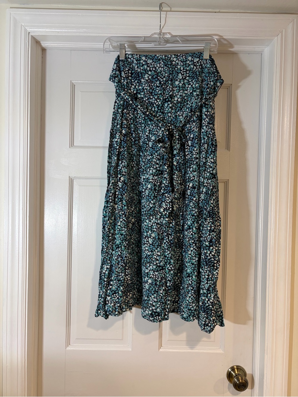 LOFT Teal and White Floral Midi Skirt with Tie Waist